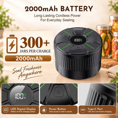 Cordless jar vacuum sealer with 2000mAh battery