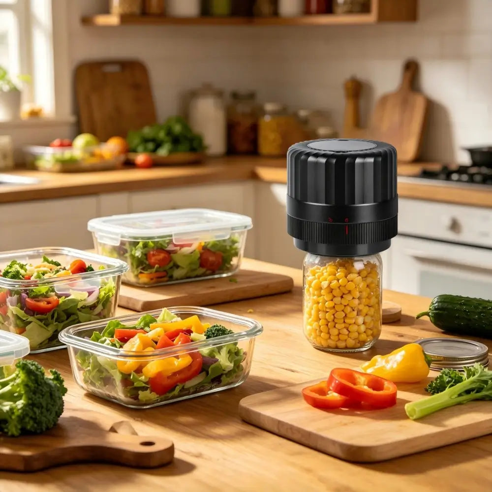 Jars vacuum sealing with a Mason jar vacuum sealer in a kitchen