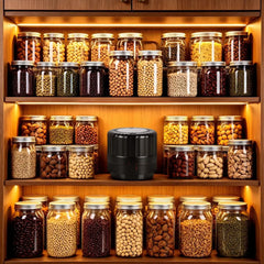 Vacuum sealing Mason jars filled with dry foods in a pantry