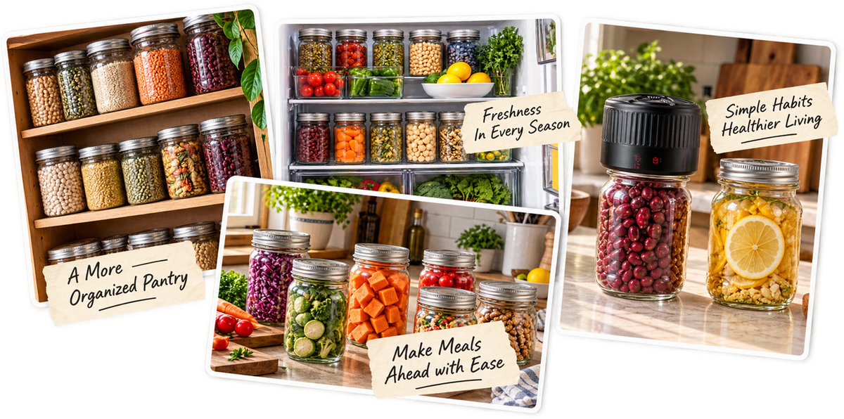 Vacuum sealed mason jars for pantry storage and meal prep