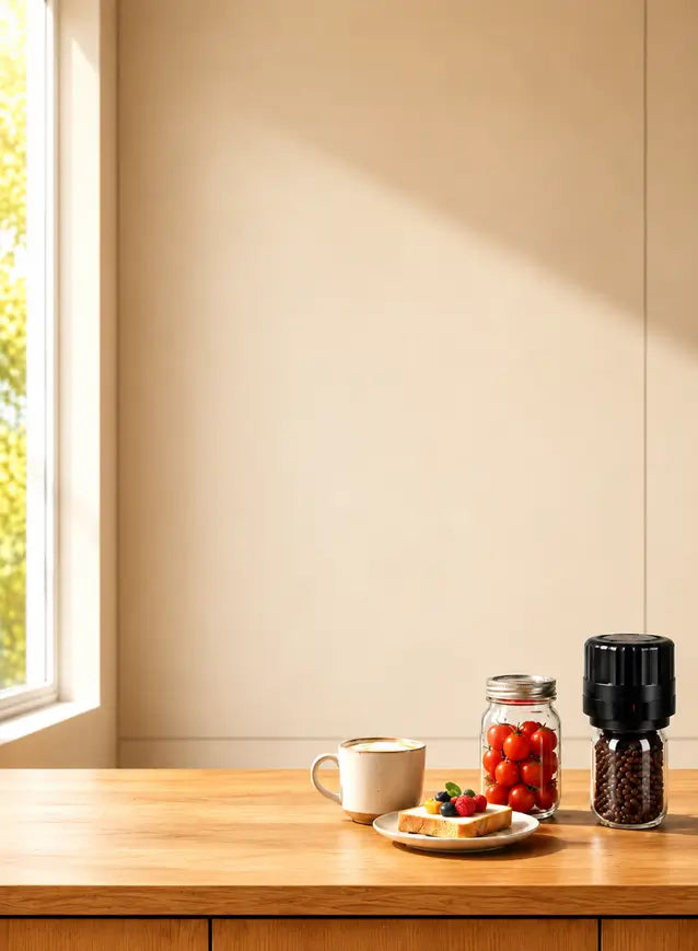 Automatic mason jar vacuum sealer with glass storage jars and fresh food in a bright modern kitchen, showcasing simple and organized food storage.