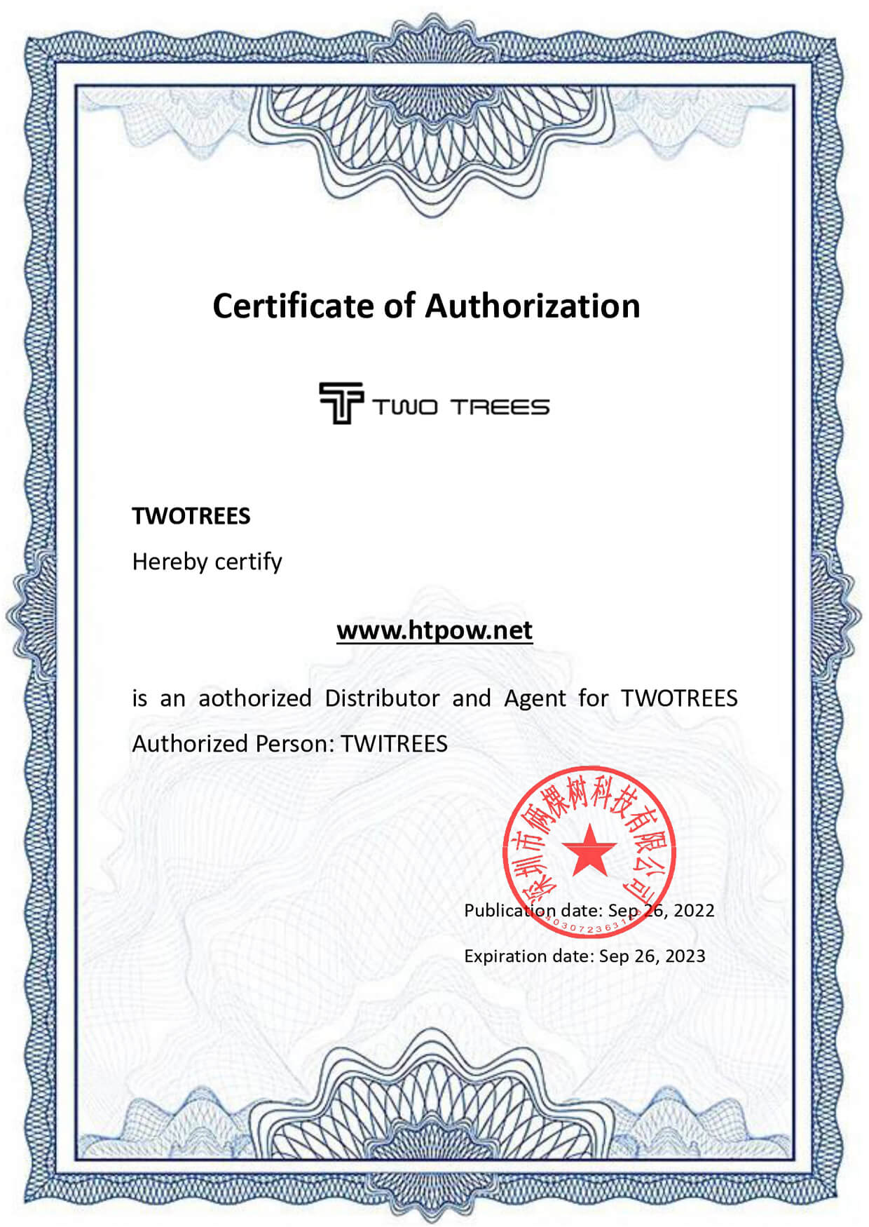 two trees certificate of authorization