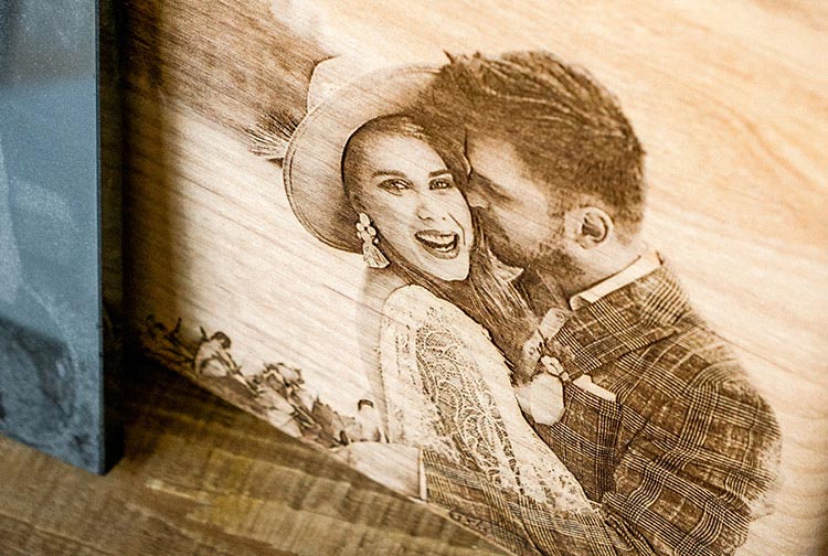 engraved wedding photo wood