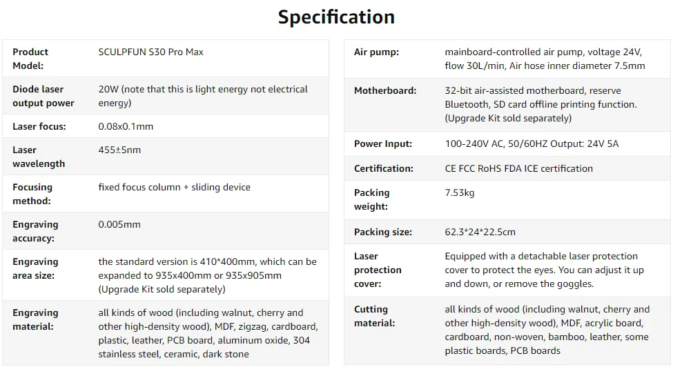 SCULPFUN S30 Pro Max 20W Laser Engraver Cutter with Automatic Full Air  Assist Kit