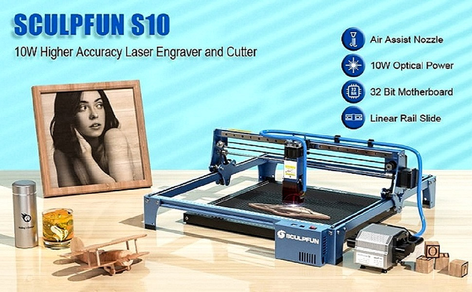 Sculpfun S10 Laser Engraver 10W Output Power High Accuracy Laser Cutter for  Metal Wood with Air Assist Nozzle 410x400mm Engraving Area